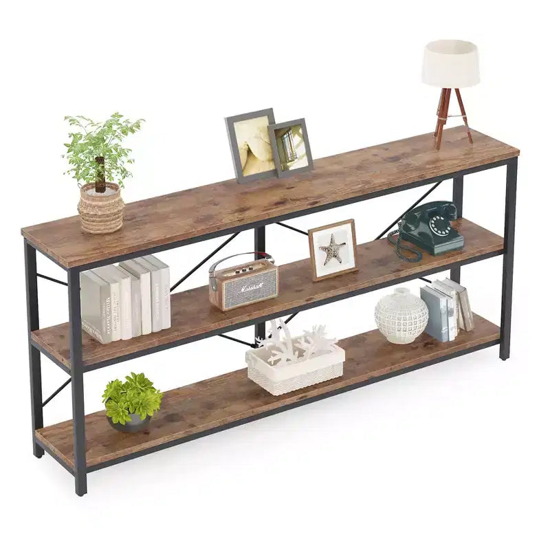 Mesa de centro/consola de 70.9" con 3 niveles, MDF y patas de metal, barra transversal en X, marrón, estantes abiertos