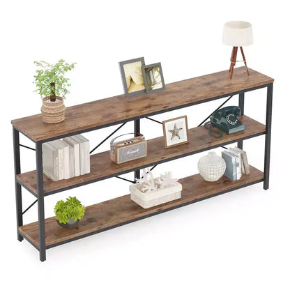 Mesa de centro/consola de 70.9" con 3 niveles, MDF y patas de metal, barra transversal en X, marrón, estantes abiertos
