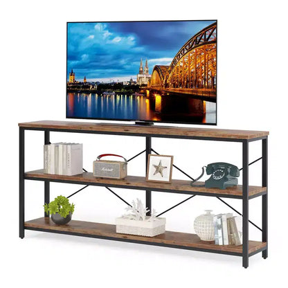 Mesa de centro/consola de 70.9" con 3 niveles, MDF y patas de metal, barra transversal en X, marrón, estantes abiertos