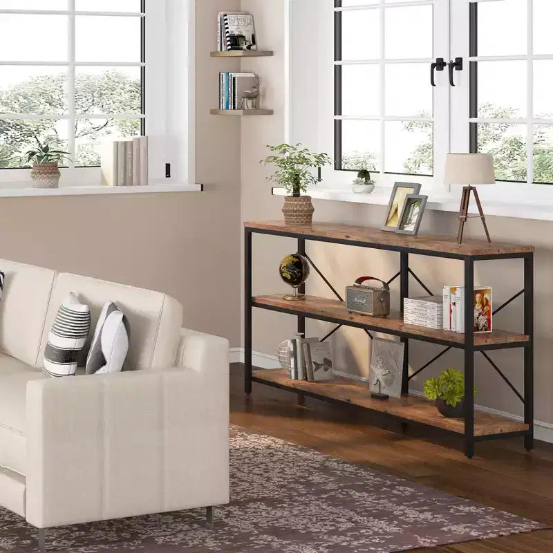 Mesa de centro/consola de 70.9" con 3 niveles, MDF y patas de metal, barra transversal en X, marrón, estantes abiertos
