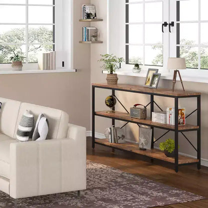 Mesa de centro/consola de 70.9" con 3 niveles, MDF y patas de metal, barra transversal en X, marrón, estantes abiertos