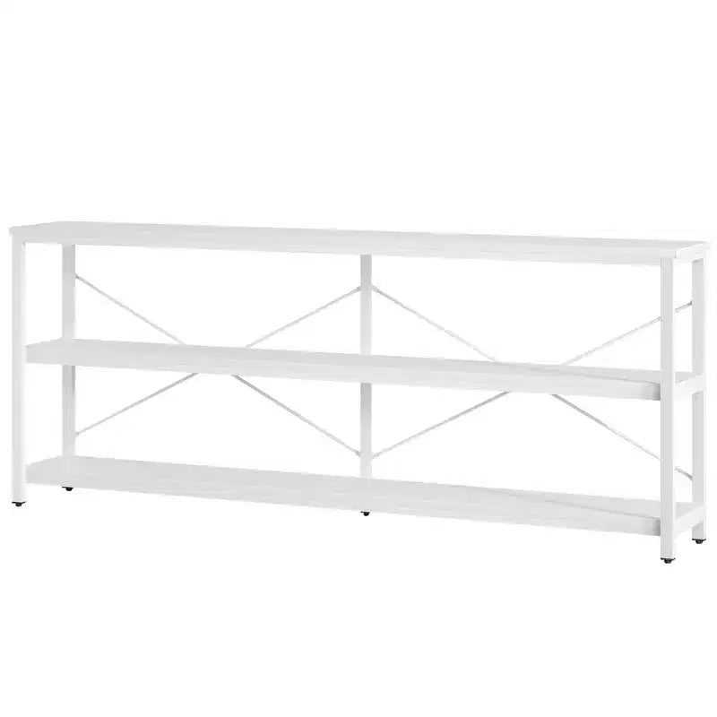 Mesa de centro/consola de 70.9" con 3 niveles, MDF y patas de metal, barra transversal en X, marrón, estantes abiertos