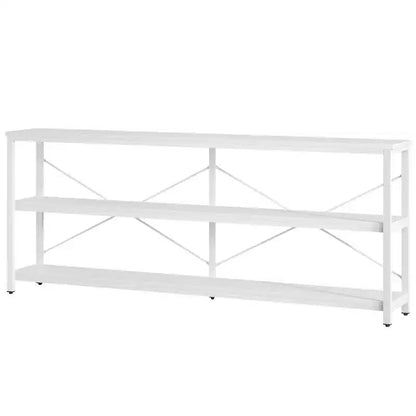 Mesa de centro/consola de 70.9" con 3 niveles, MDF y patas de metal, barra transversal en X, marrón, estantes abiertos