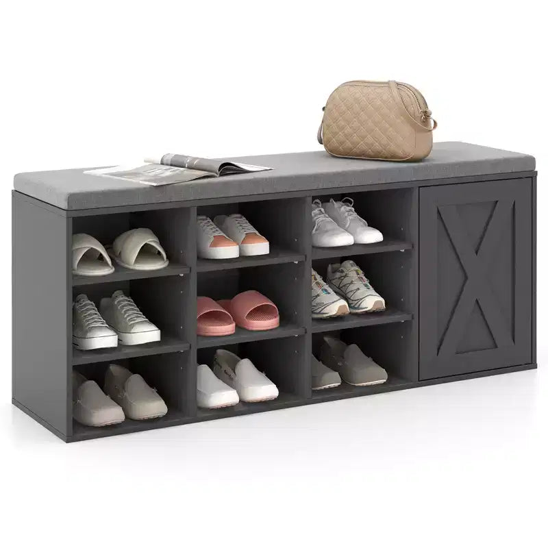 Costway Shoe Bench with Padded Cushion 9-cube Adjustable Storage Shoe Rack White/Grey/Rustic Brown