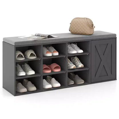 Costway Shoe Bench with Padded Cushion 9-cube Adjustable Storage Shoe Rack White/Grey/Rustic Brown